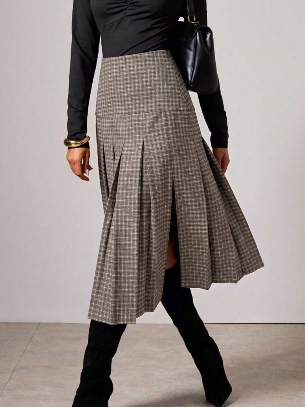 Brown Elegant Women's Plaid Pleated Midi Skirt - Picture 4 of 6